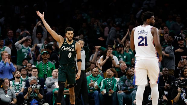 Boston Celtics forward Jayson Tatum, Philadelphia 76ers center Joel Embiid